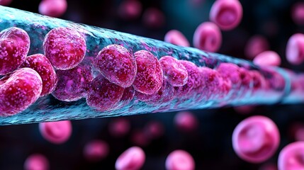 3D rendering of a blood clot inside the leg, with a close-up view of veins and arteries, highlighting obstruction and poor circulation