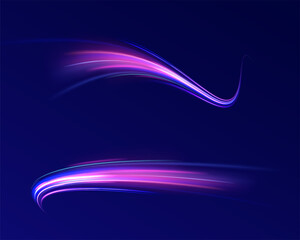Horizontal speed lines connection vector background. Futuristic dynamic motion technology blue glowing lines air flow effect.  Racing cars dynamic flash effects city road with long exposure. 