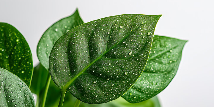 Leaves of a green tropical plant of the species Epipremnum aureum 'Poto' on a white background.
