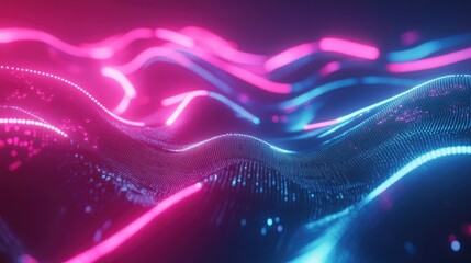 Futuristic abstract background showcasing dynamic pink and blue neon wave lines with vibrant bokeh lights, perfect for data transfer themes and eye-catching wallpapers.