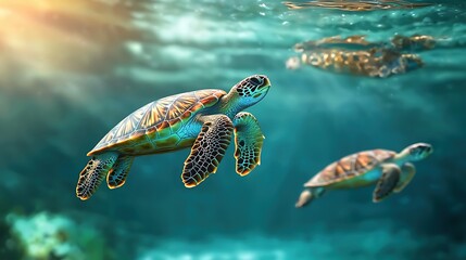 Fototapeta premium Graceful Turtles Swimming in Clear Blue Ocean Water