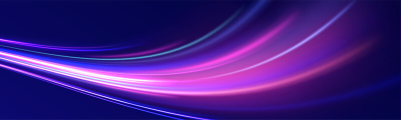 Fototapeta premium Futuristic dynamic motion technology blue glowing lines air flow effect. Racing cars dynamic flash effects city road with long exposure. Horizontal speed lines connection vector background. 