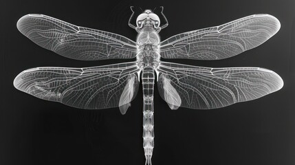 X-ray image of a dragonfly showcasing its intricate structure and anatomy.