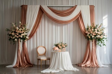 White backdrop drapes with rose gold wedding decor