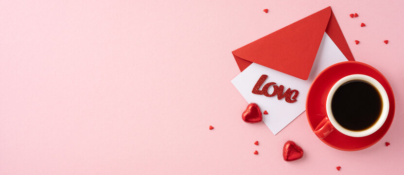 Top view of a red cup of coffee and love themed letter on pink background with heart decorations. Perfect for Valentine's Day celebration and romantic moments - Powered by Adobe