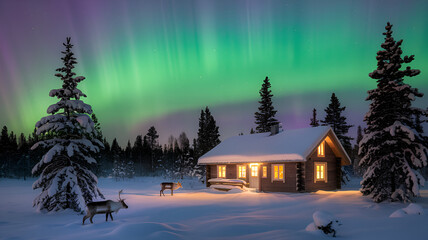 Beautiful cabin under the northern lights with reindeer in a snowy landscape at midnight