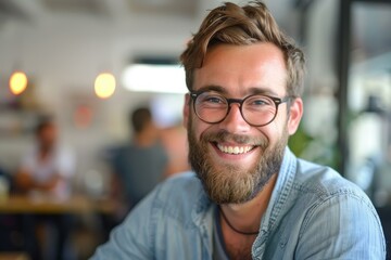 Obraz premium Happy bearded man smiling in a restaurant