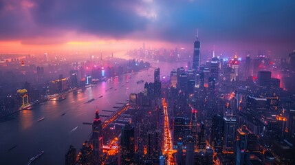 Naklejka premium A vibrant city skyline at dusk, showcasing illuminated buildings along a river.