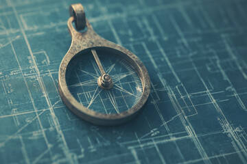 A vintage compass pendant rests on a blueprint background, symbolizing navigation and exploration in design.