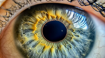 Close-up of a personâ€™s eye looking into an iris scanner, with digital effects showing scanning process