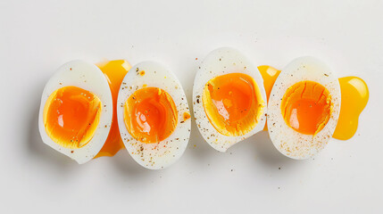 Sliced soft-boiled eggs against a white background.