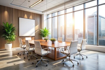 Fototapeta premium Modern Conference Room, Empty White Poster Frame, Meeting Room, Office Interior, Blank Frame Mockup, Presentation Space, Clean Design, Minimalist Office, Corporate Meeting Room, Professional Setting