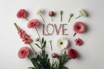 Text "Love" from flowers and flowers on white background. AI generated