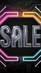 Neon sale sign promoting discounts on circuit board background