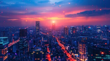 Fototapeta premium A vibrant city skyline at sunset, showcasing skyscrapers and a colorful sky.