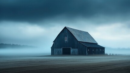 Large rustic barn on a foggy field with a moody sky and distant tree line creating an atmospheric rural scene