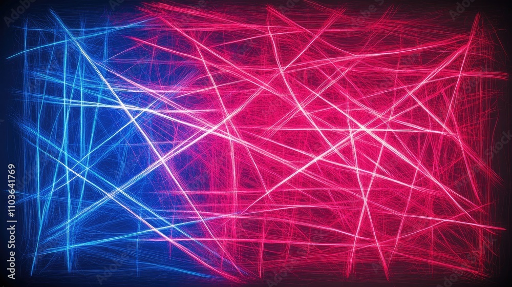 Poster vibrant fluorescent lines in striking red and blue intersecting chaotically on a dark contrasting ba
