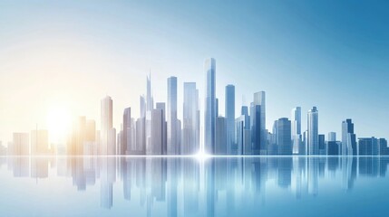 Naklejka premium Futuristic skyline with sleek skyscrapers and a reflective water surface under a bright blue sky, showcasing advanced urban design and technology.