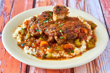 osso bucco beef shank topped with a tomato gravy served on mashed potatoes