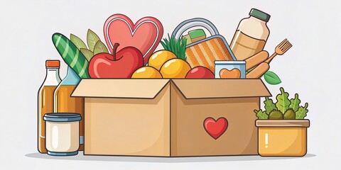 Humanitarian Food Donations: Pantry and Food Bank Charity Line Art with Heartwarming Meal Boxes for Volunteer Activities and Community Support Initiatives