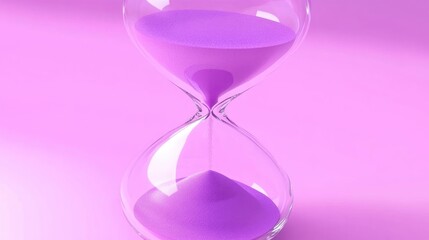 Purple hourglass with flowing sand against a pink background, symbolizing the passage of time, urgency, and the importance of effective time management.