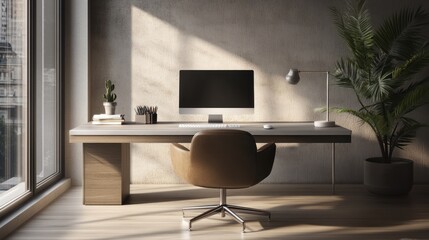 Modern Home Office Workspace 3D Render Sunlit Desk Minimalist Design