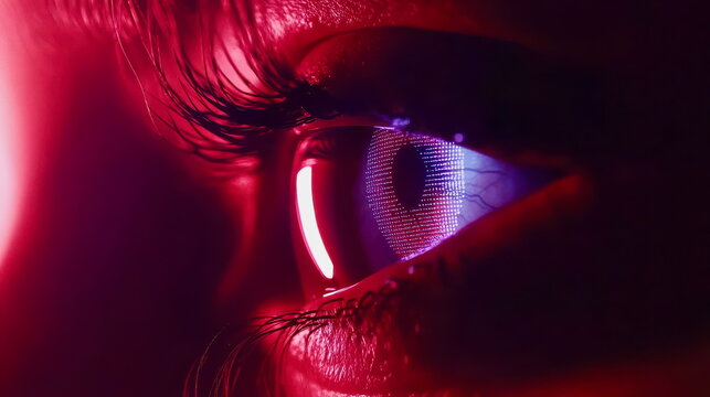 Close-up of an iris scanner in use, showing detailed eye scanning on a futuristic device