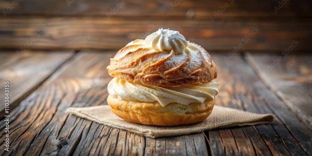 Sticker Cream puff made with choux pastry on a rustic wooden table, Cream puff, choux pastry, dessert, sweet, French