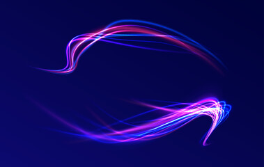 Magic bright shine glow of energy lines, shiny swirl power waves flow, electric trail glowing in dark background. Effect, png, wave,neon,line, speed, wavy, swirl,curve,speedy,vector.
