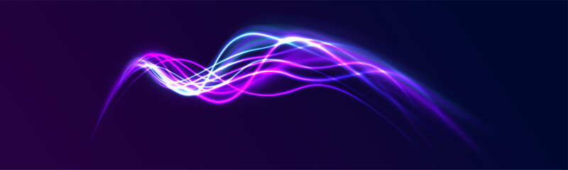 Creative vector illustration of flying cosmic meteor, planetoid, comet, fireball isolated on transparent background. Effect, png, wave,neon,line. Light arc in neon colors, in the form of a turn.