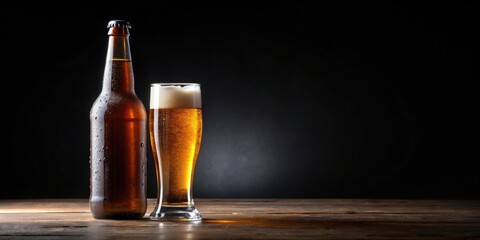 Bottle and glass of beer on a black background, alcohol, cold, refreshing, pub, drink, beverage, frothy, foam, brewery, dark, moody
