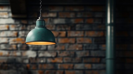 Obraz premium Industrial style green hanging lamp illuminating against a blurred brick wall background indoors.