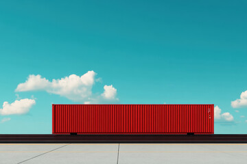 Obraz premium red cargo container stands on railway tracks under bright blue sky with fluffy clouds, creating striking contrast