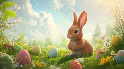 Charming bunny in a vibrant spring meadow, surrounded by colorful decorated eggs and blooming flowers, ideal for festive greetings and seasonal decorations.