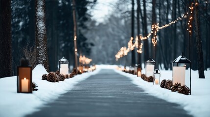 Pathway in a snowy forest with lanterns and string lights lining the path, creating a warm and inviting atmosphere during winter