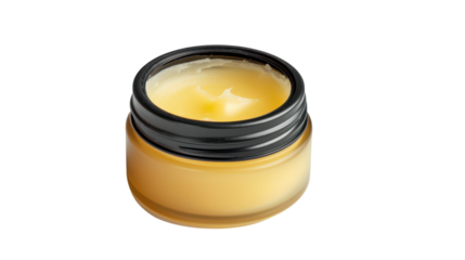 Natural skincare balm in a small jar showcasing its smooth texture and vibrant color on a clean white background.
