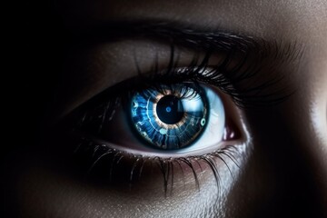 Fototapeta premium Close up of an eye with a blue iris that looks like a digital circuit board. AI generative. .