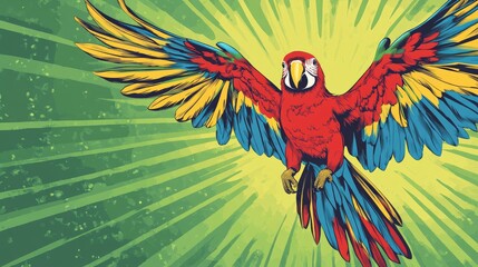 Obraz premium A vibrant parrot showcasing an energetic superhero pose with bright red and blue feathers against a lively green sunburst background.