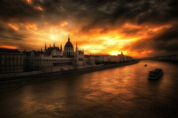 Obraz premium Photo of Spanish-style Gothic architecture in front view, large building with spires and domes overlooking the river in downtown Illusztris during sunset,