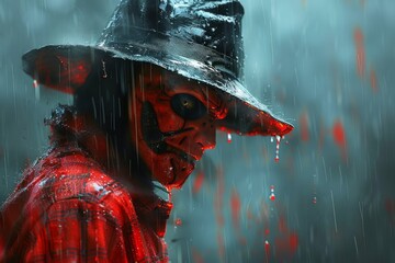 A red-skinned, demonic figure wearing a black fedora and a plaid shirt stands in the rain. AI generative. .