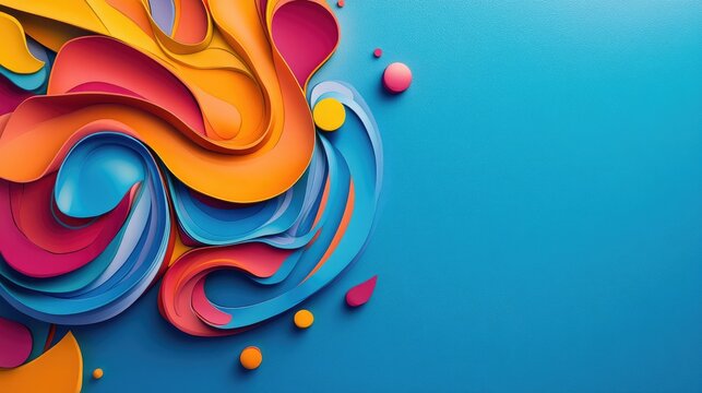 Colorful abstract design on a blue background featuring swirling patterns and bright accents, creating an engaging and spacious area for text.