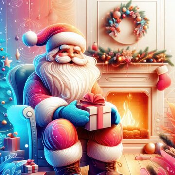 Santa Claus in a cozy room with a fireplace and a Christmas tree sits in a chair holding a gift in his hands