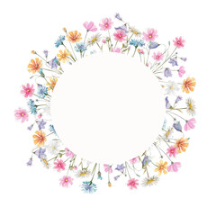 Hand drawn watercolor wildflowers frame illustration. Cute floral composition isolated on white