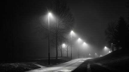 A foggy night scene with illuminated street lamps lining a winding road.