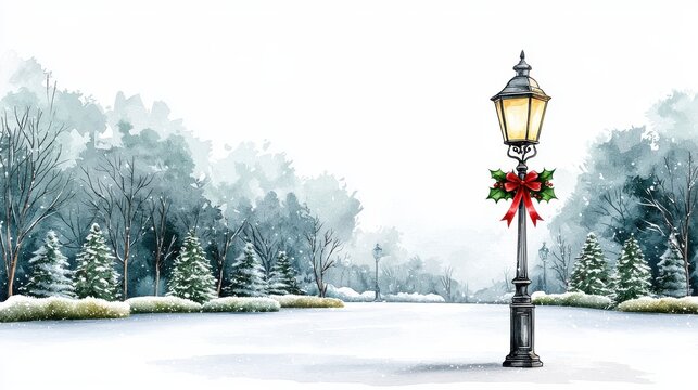 Christmas decorations in a park concept, illustrated in a watercolor. A serene winter scene featuring a lamp post adorned with a festive wreath, surrounded by snow-covered trees and white landscape.