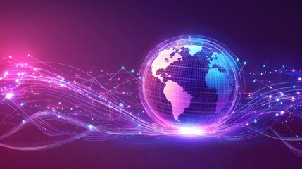 Obraz premium A floating digital globe surrounded by cascading light trails, symbolizing international connections; dynamic composition, neon purple and blue hues