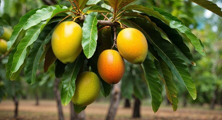 Mango Tree Tropical tree producing sweet yellow orange fruits with smooth skin
