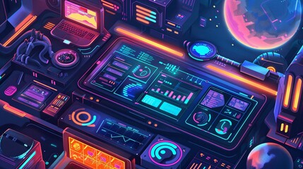 Fototapeta premium Detailed of a complex futuristic digital dashboard or control panel featuring neon lighting interactive holographic screens data visualizations and various high tech interface elements in a cyberpunk