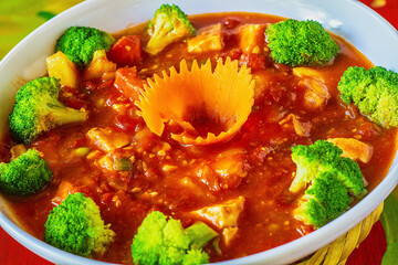 Asian style hot and sour soup served with broccoli