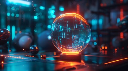Glowing futuristic holographic sphere or orb suspended in a dynamic neon lit technological environment with vibrant colors and reflections creating a conceptual sci fi and visually captivating scene